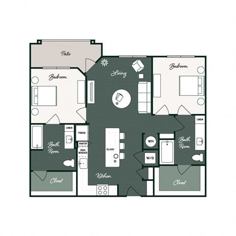 Floor plan for 2 beds, 2 baths, 1116 sqft